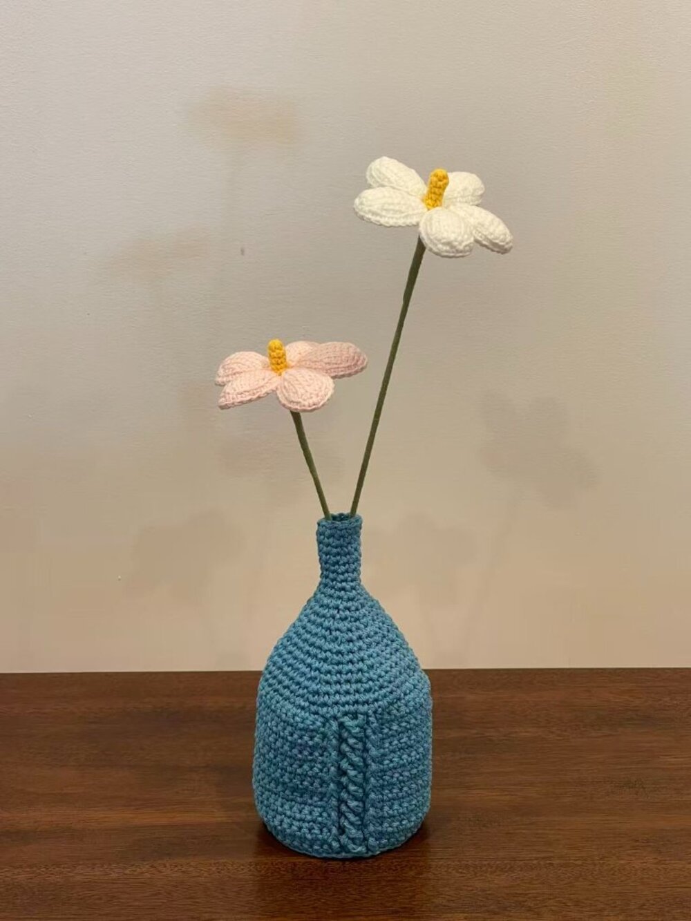 Handmade Crochet Light Blue Vase with Violets, Everlasting Floral Arrangement